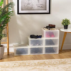 IRIS USA Stackable Shoe Storage Box with Latch Drop Front Door, 6-Pack, for Scarf Game Organizer Container with Ventilation Holes for Closet Under Bed Entryway Storage, Strudy, Wide, Clear - size: 18 Qt Drop Front - 6 Pack