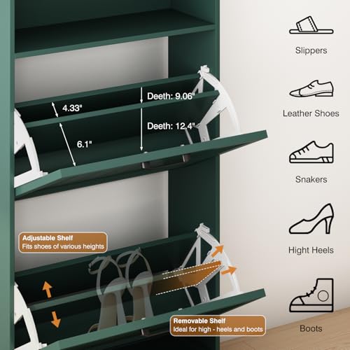 Shoe Storage Cabinet with 2 Flip Drawers, 24" W Farmhouse Modern Hidden Shoes Rack Cabinet with Adjustable Shelves & Open Storage, Narrow Slim Shoe Organizer for Front Door Entrance, Entryway, Green - color: Green, size: 2-Drawers