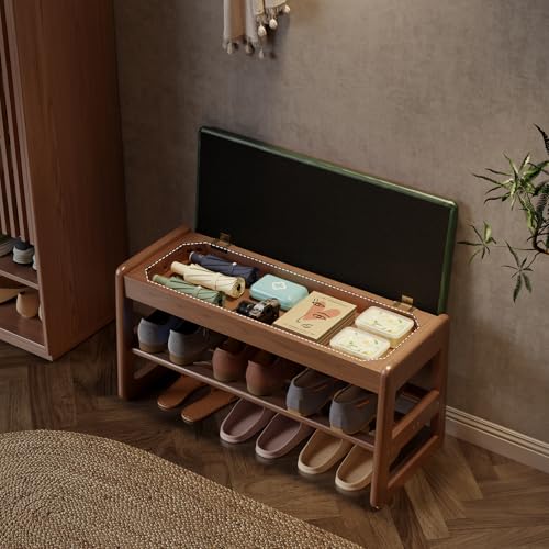 AQIMUELE Shoe Rack Bench,2 Tiers Shoe Bench with Storage with Flip-Top,Wood Shoe Rack for Entryway,Hallway（Green Upholstered Seat,11.8" D x 31.5" W x 15.7" H） - color: Green Upholstered Seat, size: 11.8"D x 31.5"W x 15.7"H