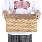 Hipiwe Rattan Basket With Lid Rectangular Lidded Basket Natural Hand-Woven Wicker Storage Basket Bin for Shelf Organizing Picnic Food Bread Table Storage Basket, 15.1 x 11.2 x 7.3 inch - size: 15.1"L x 11.2"W x 7.3"H