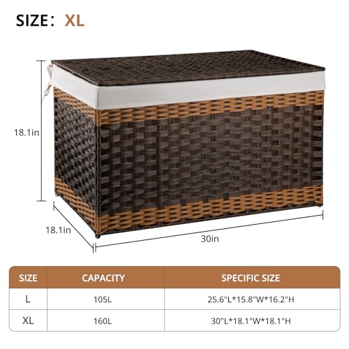 OIAHOMY Storage Basket with Lid, 42.3 Gallon (160L) Blanket Basket with Removable Liner Bag, Synthetic Wicker Hamper with Handle, Foldable, Hamper for Living Room, Brown - color: Gradient Brown, size: 160L