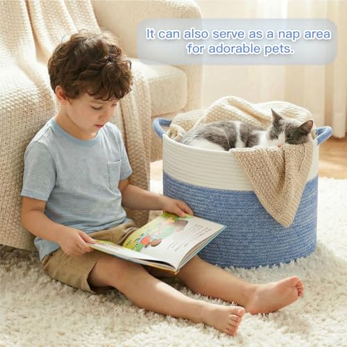 Artfeel 100L Large Cotton Rope Basket, Decorative Woven Blanket Storage for Living Room, Boho Toy Storage & Toy Box for Kids, Versatile Laundry Basket & Nursery Hamper for Blankets(DenimBlue) - color: DenimBlue, size: 100L