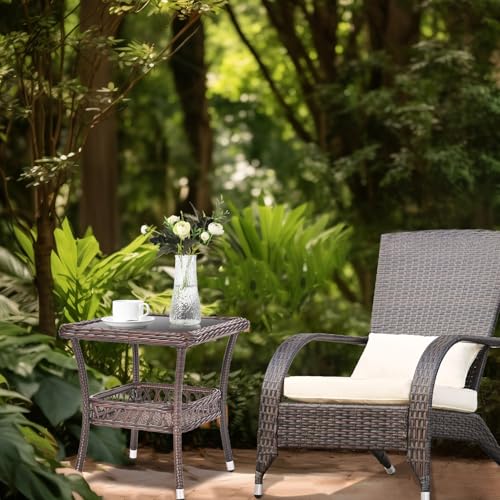 Outdoor Side Table Wicker Outdoor End Table for Patio Outside Brown Patio Coffee Square Tables with Storage & Glass Top for Backyard Porch - color: Espresso Brown