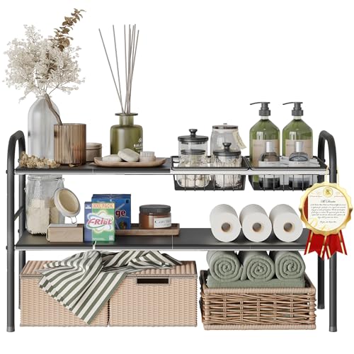 NETEL Under Sink Organizers and Storage, 2 Tier Expandable Under Cabinet Organizer Shelf with 2 Baskets and 6 Panels, Expandable Shelf for Cupboard, Kitchen, Bathroom, Shoe Storage Rack - size: 6 Panels and 2 Baskets
