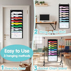 ALSLEA 8 Pockets Hanging Wall File Organizer 15" Extra Wide Pocket Chart for Classroom, Office, Home, Mail Organizer Wall Mounted with 1 Writable Clear Pocket, 5 Wall/ Door Hooks & 12 Labels (Black) - size: Medium (8 Pockets)