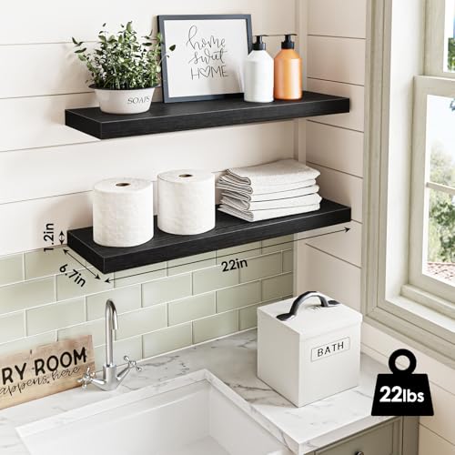 Fixwal Black Floating Shelves for Wall, 22" Long Wall Mounted Rustic Wood Shelves for Living Room, Bedroom, Bathroom and Kitchen, Wall Shelves for Storage, Books, Room Decor Set of 2 - color: Black, size: 22in