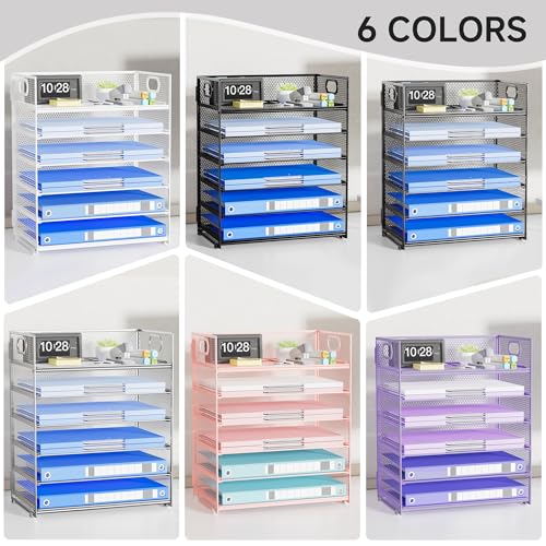 Paper Organizer for Desk with Handle, 6-Tier Metal Mesh File Organizer | Stackable Letter Tray for Office Documents & Stationery Storage - color: White, size: 12.6" x 9.1" x 13.5"