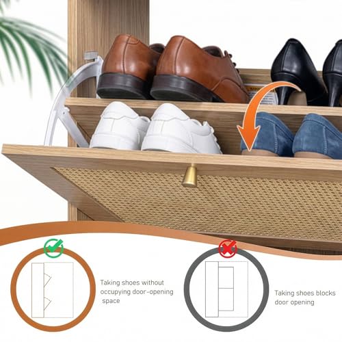 Karl home Shoe Rack Storage Organizer, Rattan-Panel 3-Tilt-Out Shoe Storage Cabinet, Hidden Shoe Storage for Entryway,Ideal for Heels,Slippers,Casual Shoes,Natural Wood Finish - color: Natural Wood Finish, size: 3-Tilt-Out