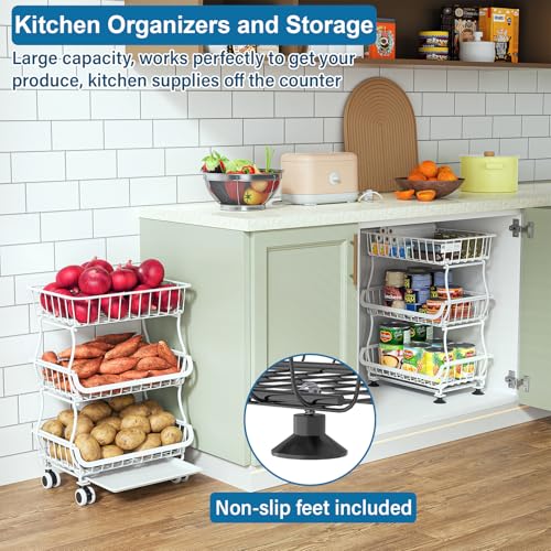 OKZEST 3-Tier Rolling Pantry Floor Organizer and Storage Cart with Wheels, Stackable Wire Pantry Baskets for Pantry Shelves, Kitchen Storage Rack and Fruit Basket Stand for Fruit Snack Onion Potato - color: White, size: 3-Tier Baskets