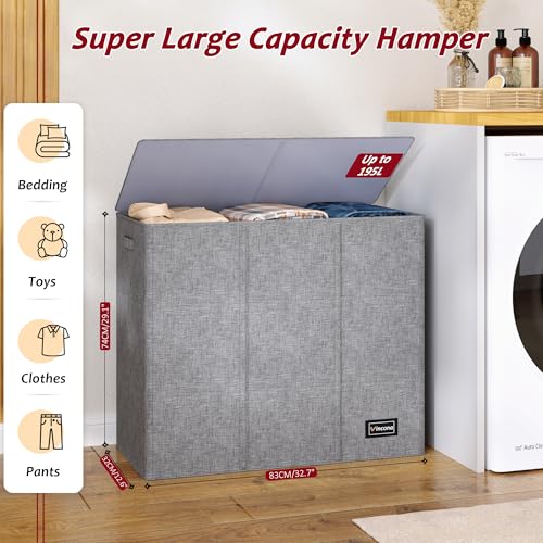 195L Laundry Hamper 3 Section,Large Laundry Hamper with Lid,Dirty Clothes Hamper with 3 Inner Bags,Collapsible Laundry Basket Organizer for Laundry Room,Bedroom,Laundry Sorter Hamper 3 Compartment - color: Grey, size: 195L
