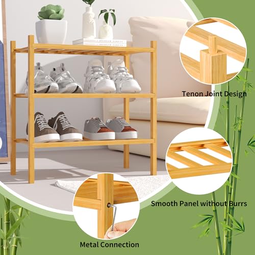 ROMGUAR CRAFT 3-Tier Bamboo Small Shoe Rack, Free Standing Wood Shoe Shelf Storage Organizer for Closet Entryway Stackable (Natural) - color: Natural, size: 3-Tier(Small)