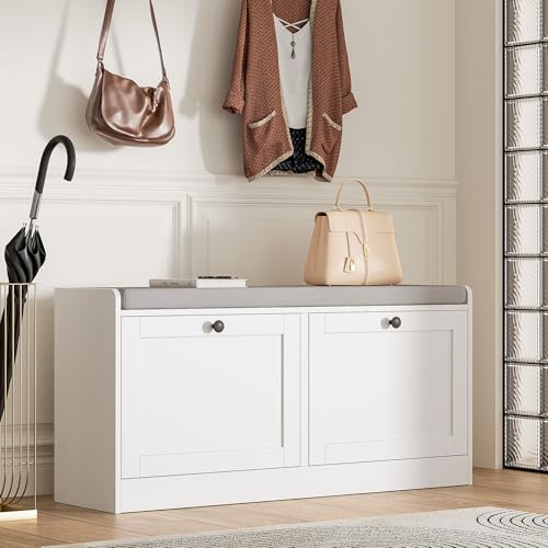 MHOM White Entryway Bench with 2 Flip Drawers, Shoe Bench with Padded Seat Cushion, Wooden Shoe Storage Bench for Entryway and Apartment - color: White