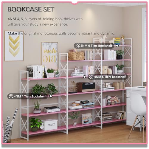 4NM Extra Wide 5 Tiers No Assembly Book Shelves, 51.2" H Folding Bookshelf Bookcase Open Industrial Foldable Shelves for Bedroom, Living Room, Home Office - Pink White - color: Pink White, size: Wide XX 5-Tier