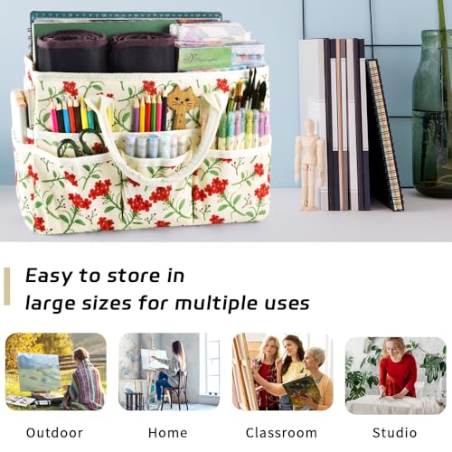 E-WEICHEN Craft Organizer Tote Bag Art Storage Caddy with Multiple Pockets Containers for Art,Craft,and Office Supplies Storage.Red Flower - color: Red Flower