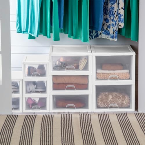 Sterilite 8-Pack 27 Quart Stacking Drawer, Clear Storage Closet Organizer, White Frame - Stackable Modular Plastic Drawers for Clothes, Accessories, Craft Supplies, Shoes or Linens - size: 27 Quart, style: 8 Pack