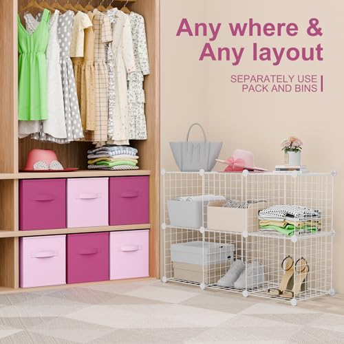 Leinuosen 6 Cube Storage Organizer with 6 Foldable Fabric Storage Bins, Metal Wire Grid Shelves, Stackable Modular Closet Organizer for Bedroom Living Room Office Toys Books(White,Pink) - color: White,Pink