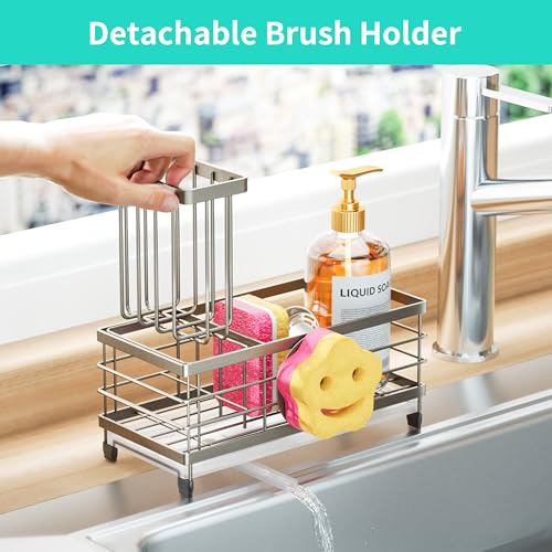 HapiRm Sink Caddy Sponge Holder - Self-draining Kitchen Sink Organizer with Smiley Face and Brush Holder, Stainless Steel Kitchen Organizer for Countertop - Brushed Nickel - color: Brushed Nickel, size: Twin