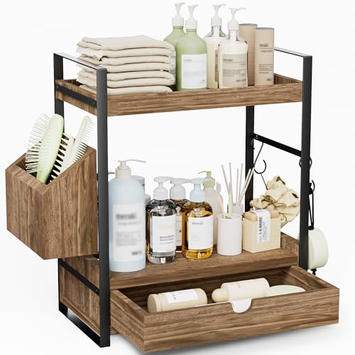 2-Tier Bathroom Counter Organizer with Drawer and Basket, Wood Countertop Organizer for Storage, Skincare Organizers for Vanity, Counter Shelf for Bathroom Organization(Dark Brown) - color: Dark Brown
