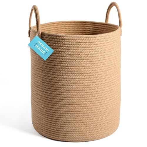 OrganiHaus Large Woven Laundry Basket w/Handles 52L, Rope Dirty Clothes Hamper, Blanket Basket for Living Room, Baby Laundry Hamper for Nursery, Soft & Durable Decorative Organizer Bin - Honey - color: Full Honey, size: Tall