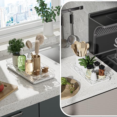 Lixple Toilet Paper Basket Holder, 13" Toilet Tank Tray, Wood and Metal Toilet Tray Vanity Organizer Bathroom Tray, Kitchen Sink Organizer for Soap Dispenser (White) - color: White