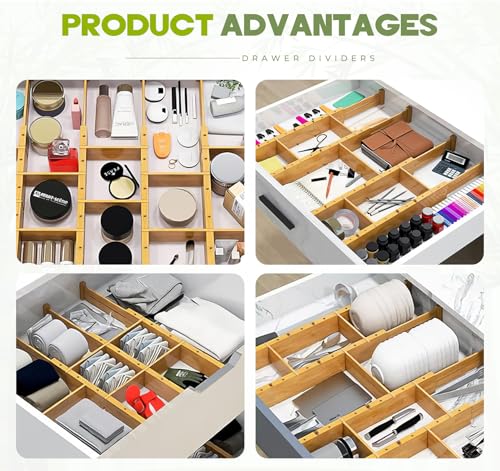 Bamboo Drawer Dividers 4PCS with Inserts, Expandable Kitchen Utensil Drawer Organizers,Adjustable drawer organizer for deep drawers Dresser Closet Underwear Storage Bedroom Bathroom Drawers(16.6"-22") - color: 4 Pack