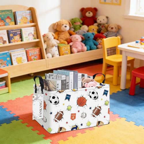 FANKANG Storage Bins,Nursery Hamper Canvas Laundry Basket Foldable with Waterproof PE Coating Storage Baskets for Boys and Girls, Office, Bedroom, Clothes,Toys(Rec-3D Sports Balls ） - color: Rec-3D Sports Balls
