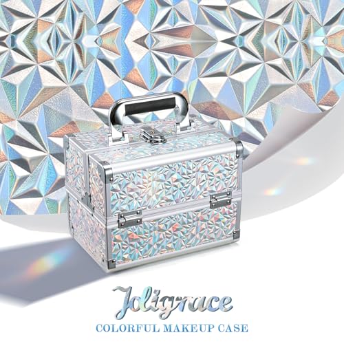 Joligrace Makeup Train Case Makeup Case Organizer Portable Cosmetic Box Storage with 2 Trays Mirror Locking with Keys Make Up Travel Case Nail Kits Traveling Makeup Box Shiny Silver - color: Shiny Silver