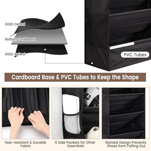 7 Tier Over The Door Shoe Organizer, Hanging Shoe Rack for Closet with Dustproof Mesh Curtain & 6 Side Pockets, Behind The Door Narrow Shoe Holder Hanger for Sneakers, Boots (Black) - color: Black