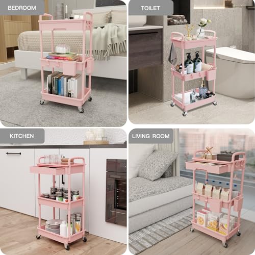 REBECAT 3 Tier Rolling Utility Cart with Drawer,Storage Cart,Rolling Cart for Kitchen,Bathroom,Living Room,Storage Organizer with Iron Wheels（Pink - color: Pink