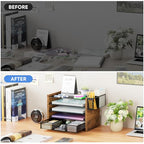 Simple Trending 5-Tier Paper Organizer Letter Tray, Wood Desk Organizers and Accessories with Drawer & Pen Holder for Home Office School