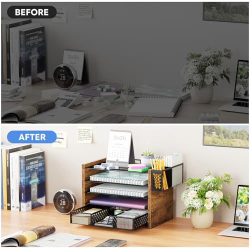 Simple Trending 5-Tier Paper Organizer Letter Tray, Wood Desk Organizers and Accessories with Drawer & Pen Holder for Home Office School