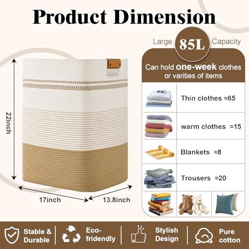 Laundry Hamper, 85L Large Laundry Basket with Leather Handles, Dirty Clothes Hamper for Laundry, Woven Tall Laundry Basket for Blankets, Cotton Hampers for Bedroom, Living Room, Nursery - color: Jute & White, size: 85L