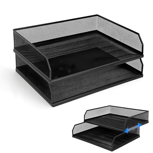 Paper Tray Desk Organizer, 2 Pack Stackable Letter File Tray, Wire Mesh Desktop Organizer, Front-Load Metal A4 Paper Sorter Documents Storage Holder Tray for Office Supplies Home School Classroom - size: Transverse