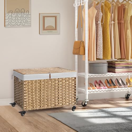 Rolling Storage Basket with Lid, 47.6 Gallon (180L) Storage Bin with Wheels, Woven Rattan Blanket Storage Basket with Handles, Foldable, Metal Frame, Removable Liner for Bedroom, Laundry Room, Natural - color: Natural