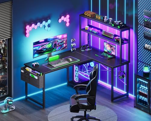 AODK L Shaped Desk Gaming Desk with LED Light & Power Outlet, 43 Inch Reversible L Shaped Computer Table with Shelf, Corner Desk with Storage Bag&Hook for Home Office Desk, Black - color: Black, size: 43 inch