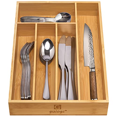 guiogc Kitchen Bamboo Silverware Drawer Organizer，Silverware Organizer and Cutlery Tray with Grooved Drawer Dividers for Silverware, Knives in Kitchen, Bedroom (5 Slot-Natural) - size: 5 Slot