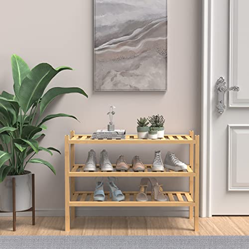 ROMGUAR CRAFT (Thick Bamboo Shoe Rack for Entryway, 3-Tier Free Standing Shoe Racks Stackable Shoe Rack Organizer for Hallway Closet Living Room 27 x12 x21 Inches - color: Natural, size: 3 Tier(Thick)