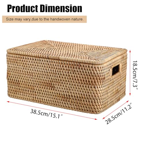 Hipiwe Rattan Basket With Lid Rectangular Lidded Basket Natural Hand-Woven Wicker Storage Basket Bin for Shelf Organizing Picnic Food Bread Table Storage Basket, 15.1 x 11.2 x 7.3 inch - size: 15.1"L x 11.2"W x 7.3"H