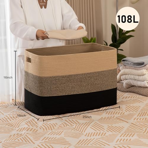 OIAHOMY 108L Super Large Blanket Basket, 25”x16”x16” Rectangle Woven Baskets for Storage, Cotton Rope Basket For Living Room, Toy Storage with Handle - Yellow Black - color: Yellow Black