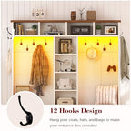 CSZZD Hall Tree with Bench and Shoe Storage, Farmhouse Entryway Bench with Coat Racks and Led Lights, Large Hall Tree with 12 Coat Hooks, 8 Storage Cubbies, Adjustable Shelf