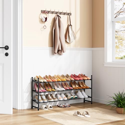 Tajsoon Expandable Shoe Rack for Closet 3 Tier, 28“-41“Adjustable & Stackable Shoe Shelf Storage, Metal Shoe Rack Organizer for Front Door Entrance, Closet, Garage, Entryway, Black - color: Black, size: 3 Tier