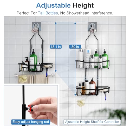 Upgraded Extended Length Shower Organizer with Hooks, Rustproof Shampoo Soap Holder, Large Hanging Bathroom Caddy - color: Black - 2 Tier - Standard