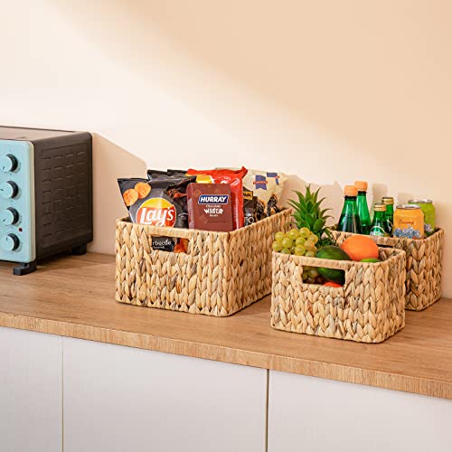 ELONG HOME Wicker Storage Basket, 3 Pack Hand-Knitted Wicker Baskets, Water Hyacinth Storage Baskets with Built-in Handles - color: Hyacinth 3
