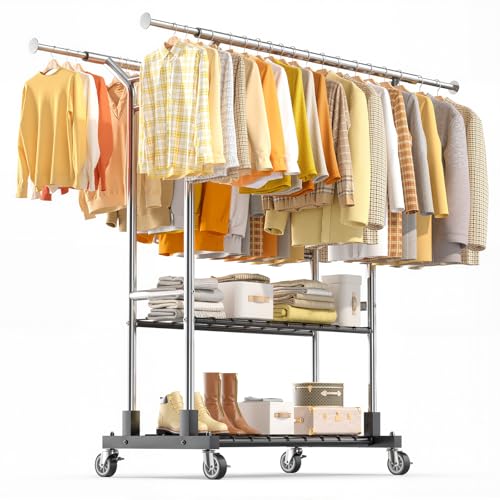 Luxspire Heavy Duty Clothes Rack Load 650 LBS, Double Rod Clothing Racks for Hanging Clothes, Rolling Garment Racks with Lockable Wheels, Shelves, Adjustable Laundry Hanging Rack, Silver - color: Silver