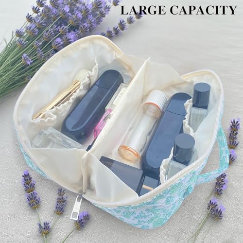 Green Large Quilted Floral Makeup Bag Cute Coquette Aesthetic Cosmetic Bag Open Flat Travel Toiletry Make up Bag for Women - color: C-lay flat green