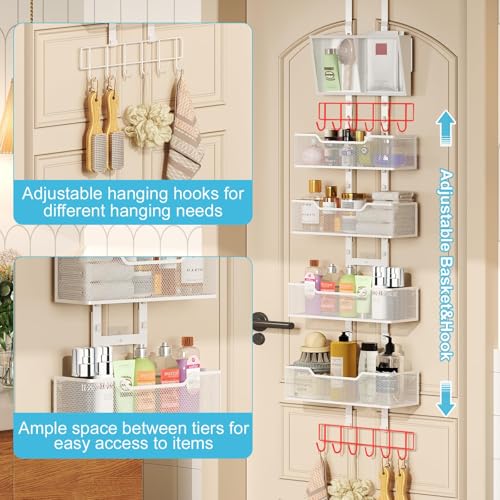 Hongtamoya Adjustable Over The Door Organizer, Hanging Door Storage with PVC Pocket and 4 Metal Baskets Wall Mount, Closet Door Organizer Behind Door Rack for Bathroom Bedroom Closet, White - color: White