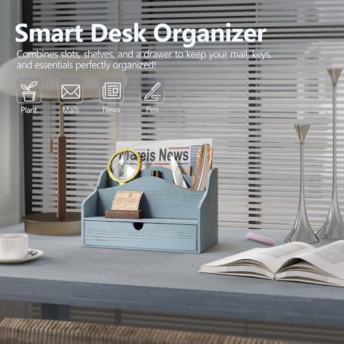 Rebee Vision Pine Wood Mail Organizer for Desk - Vintage Farmhouse Style Mail Organizer with Drawer & Dividers - 4-Slot Paper & Jewelry Sorter, Desktop Organizer for Exquisite Home Decor (Blue) - color: A-Blue