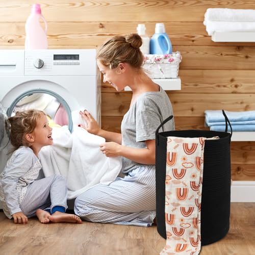 Woven Cotton Rope Laundry basket-16”X22” Laundry Hamper-Rope Storage Basket for Dirty Clothes, Toys and Blankets Perfect for Bathroom, Baby nursery and Living Room Storage (black, Large) - color: black, size: Large