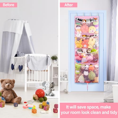 Woodoulogy Hanging Stuffed Animal Storage, Over Door Large Plush Toy Organizer with Metal Hook, Baby Accessory Holder Idea for Nursery, Doll & Bear Mesh Hammock Bag for Girl Boy Kid Room - color: Pink