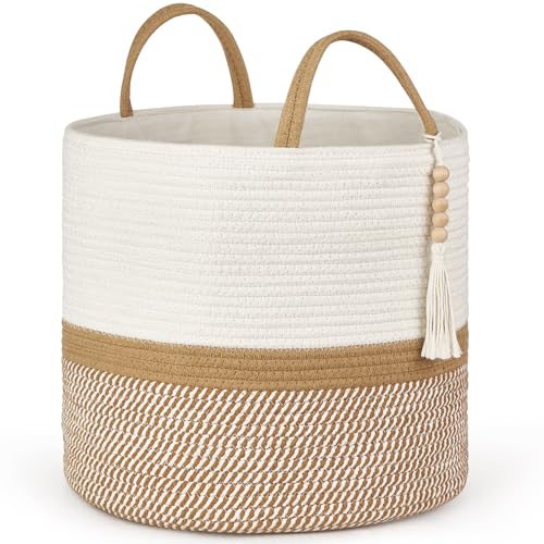 Mkono Woven Storage Basket Decorative Natural Rope Basket Wooden Bead Decoration for Blankets,Toys,Clothes,Shoes,Plant Organizer Bin with Handles Living Room Home Decor, 16"W×13.8"L, White and Brown - color: White and Brown, size: 16" W × 13.8"L